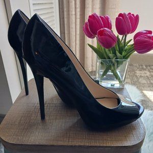 Black Patent Peep-Toe Pumps